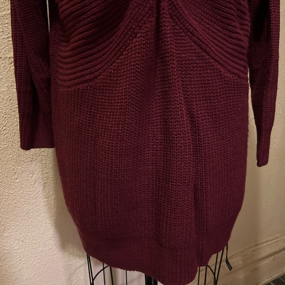 Burgandy Ribbed Long Sleeve V-neck Twist Knot Tunic Mini Sweater Dress Size S - Picture 5 of 9
